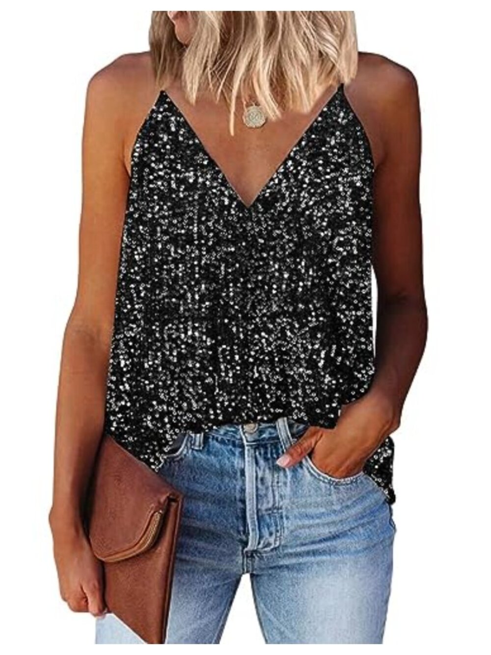 Sequin Cami Tank Top V Neck Adjustable Straps Party Sparkle Top
